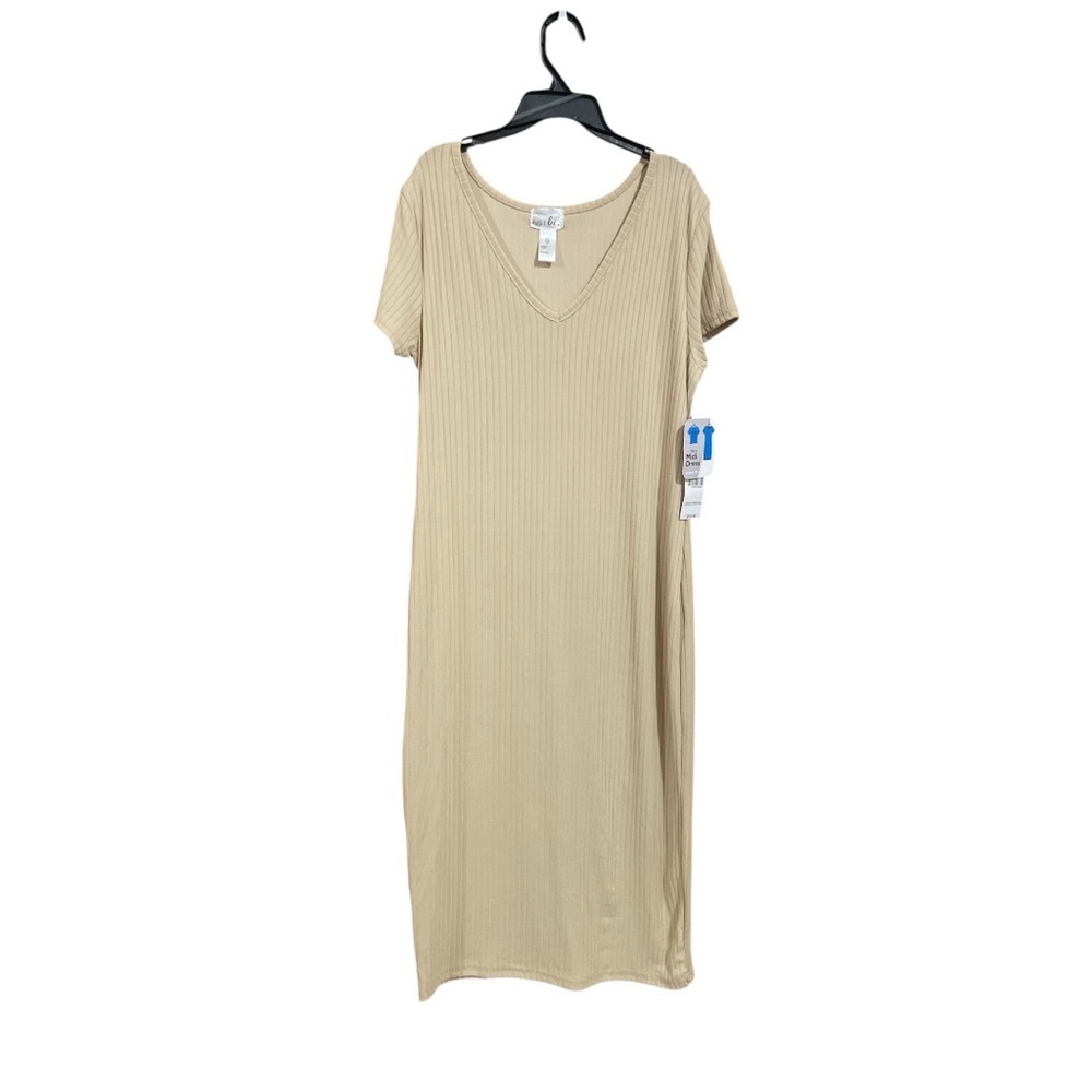 Tan Ribbed V-Neck Midi Dress size Small NWT Neutral Stretchy Bodycon